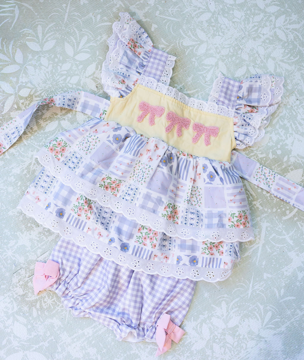 Patchwork Diaper Set with French Knot Bows