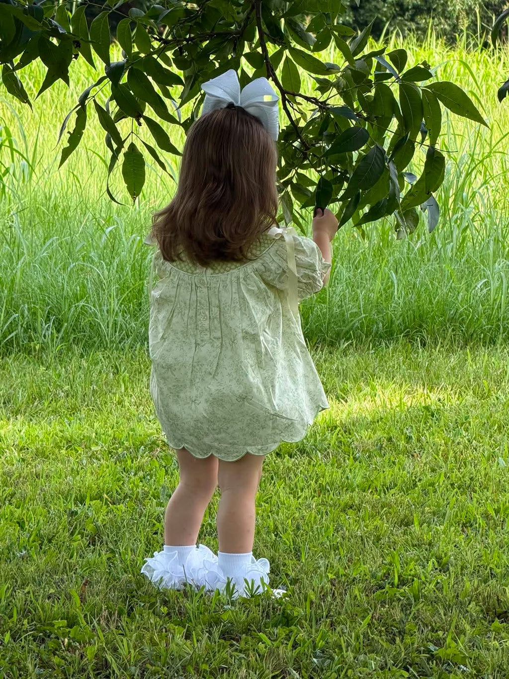 Vintage Garden Grace Sage Bishop Neckline Hand-smocked Diaper Set