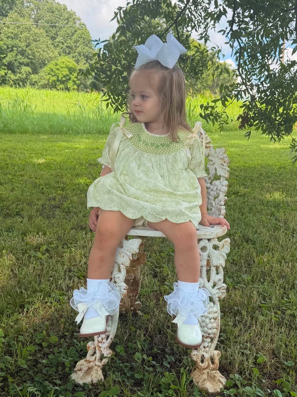 Vintage Garden Grace Sage Bishop Neckline Hand-smocked Diaper Set