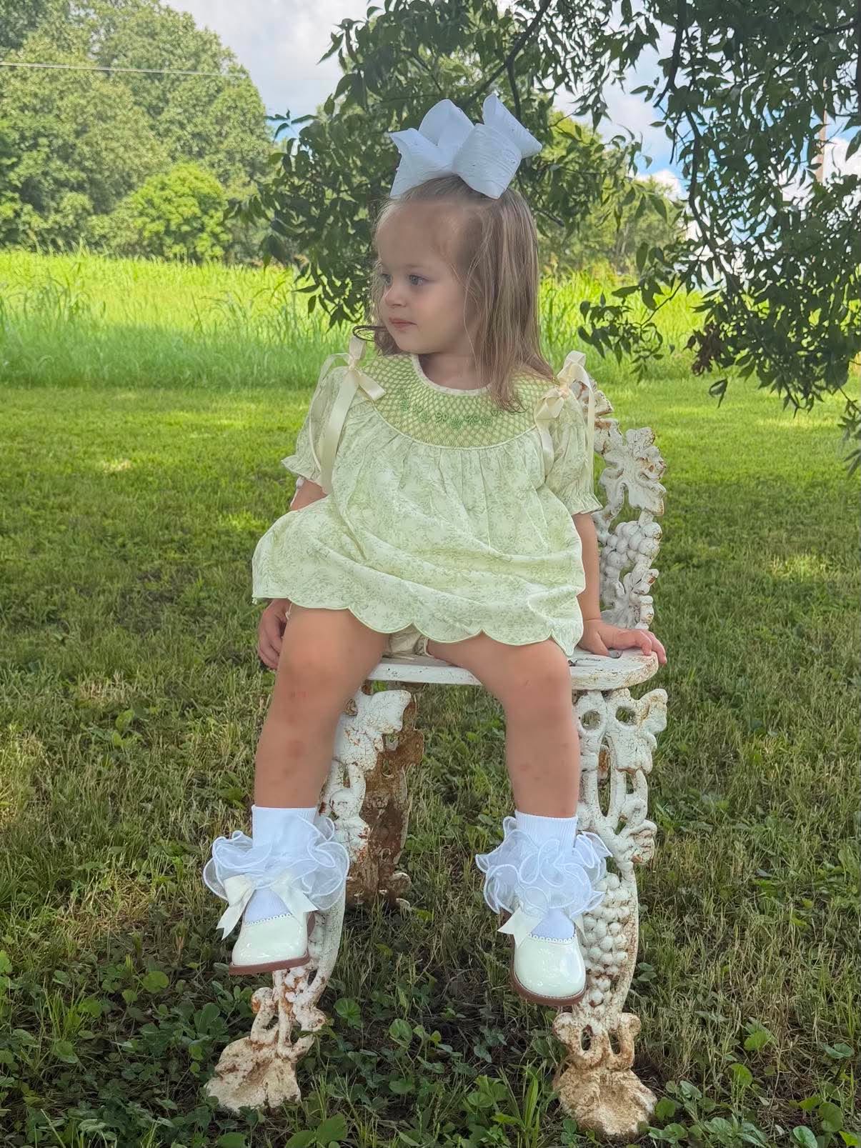Vintage Garden Grace Sage Bishop Neckline Hand-smocked Diaper Set